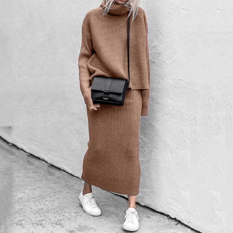 Women's Two-Piece Set Blouse Sweater and Ribbed Skirt
