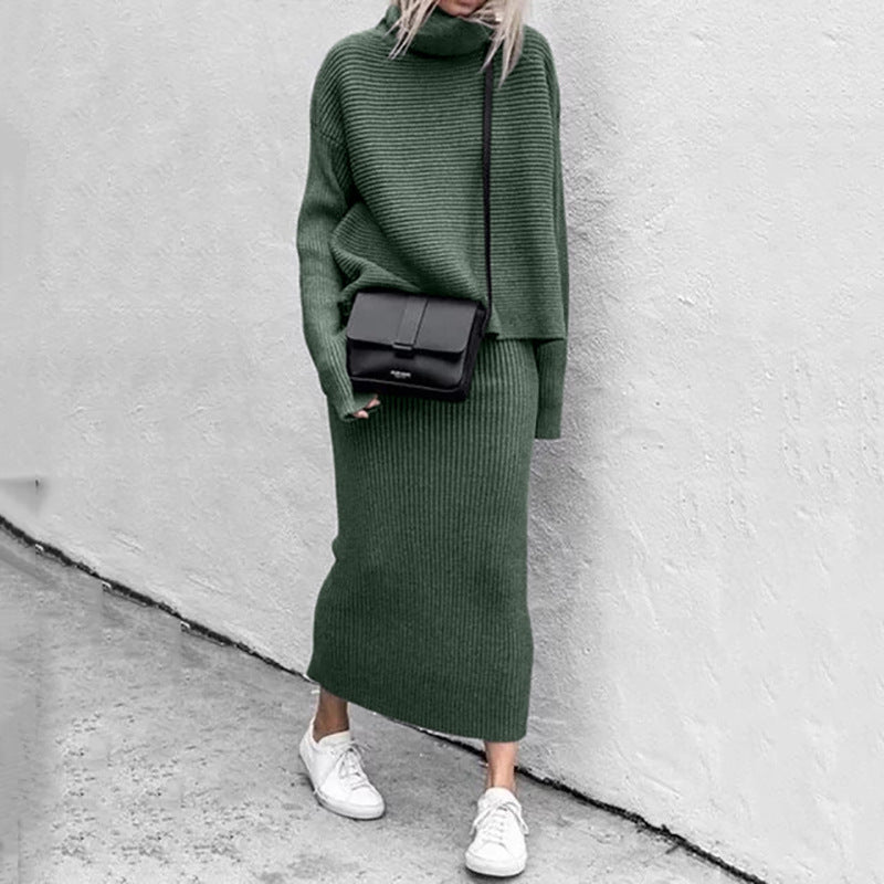 Women's Two-Piece Set Blouse Sweater and Ribbed Skirt