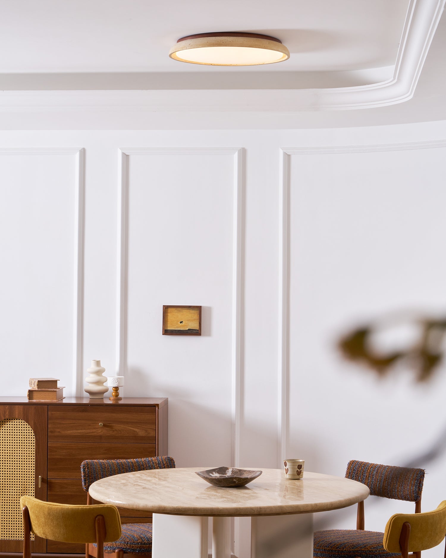 Minimalist travertine beige stone LED ceiling lamp