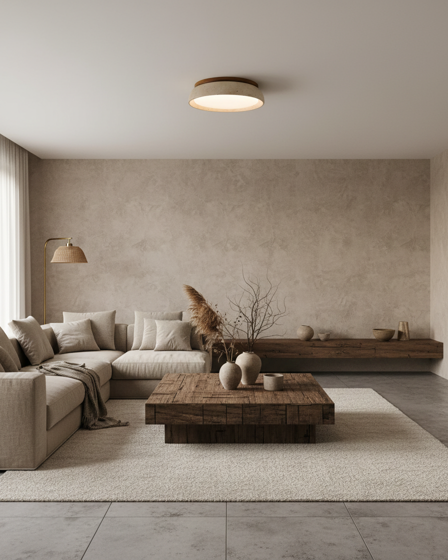 Minimalist travertine beige stone LED ceiling lamp