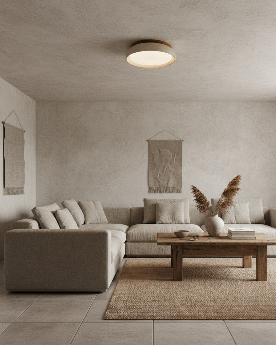 Minimalist travertine beige stone LED ceiling lamp