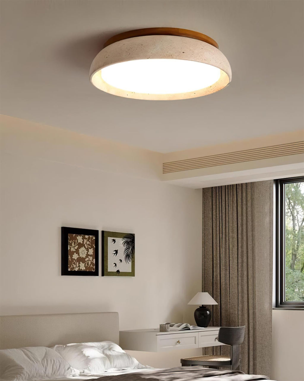 Minimalist travertine beige stone LED ceiling lamp