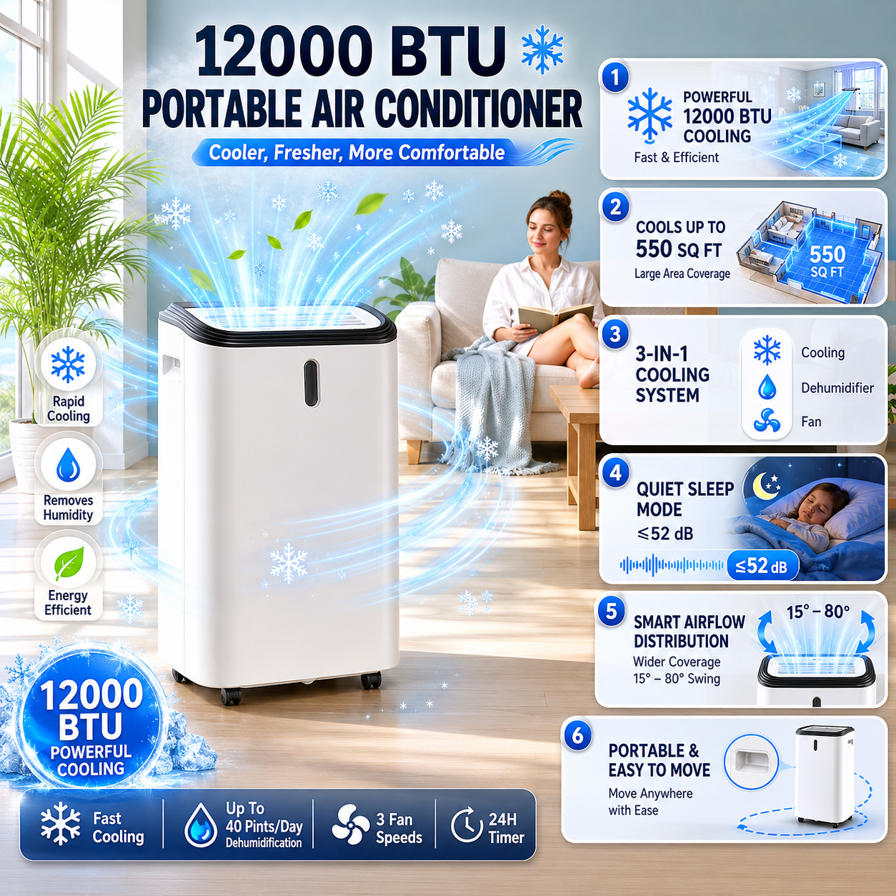 Bærbar Klimaanlægsenhed til Rum 12000 BTU med Ventilatortilstand