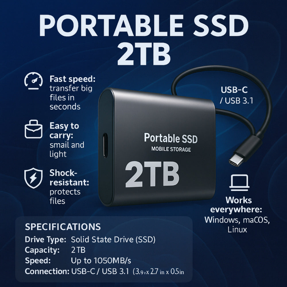 Wydajny 2TB zewnętrzny dysk SSD – Przenośna pamięć dla laptopów i komputerów stacjonarnych