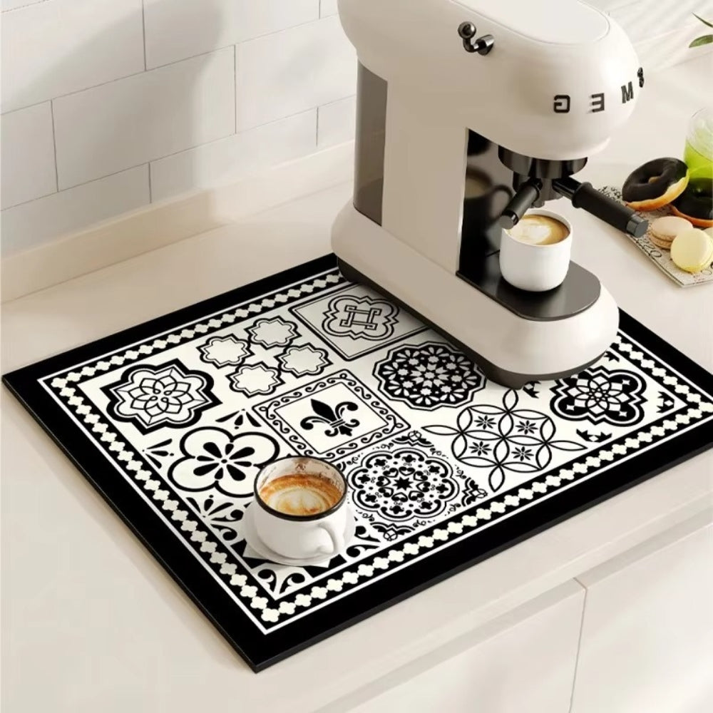 Absorbent coffee mat with retro tile pattern