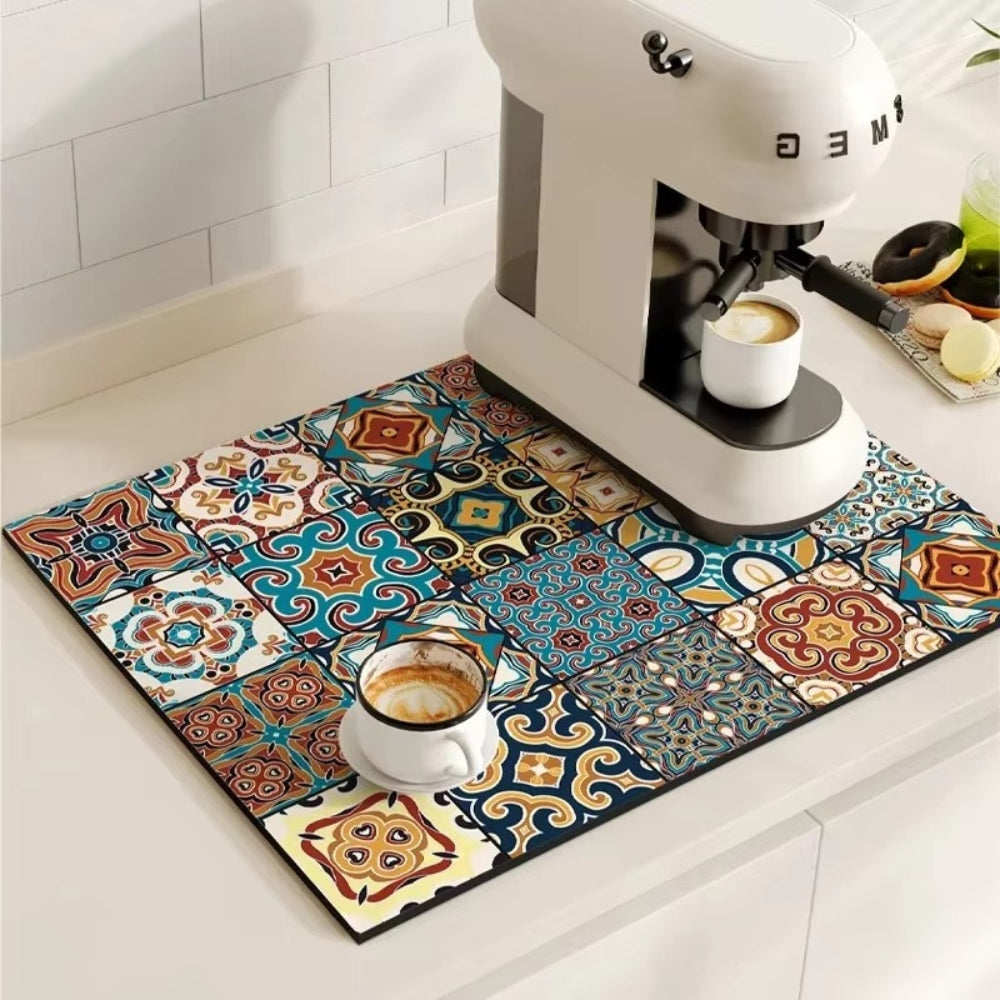 Absorbent coffee mat with retro tile pattern