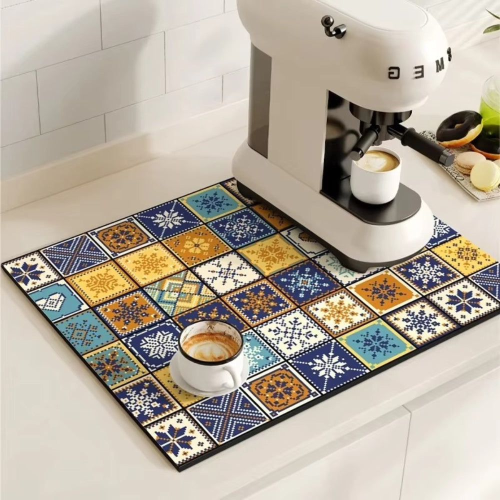 Absorbent coffee mat with retro tile pattern