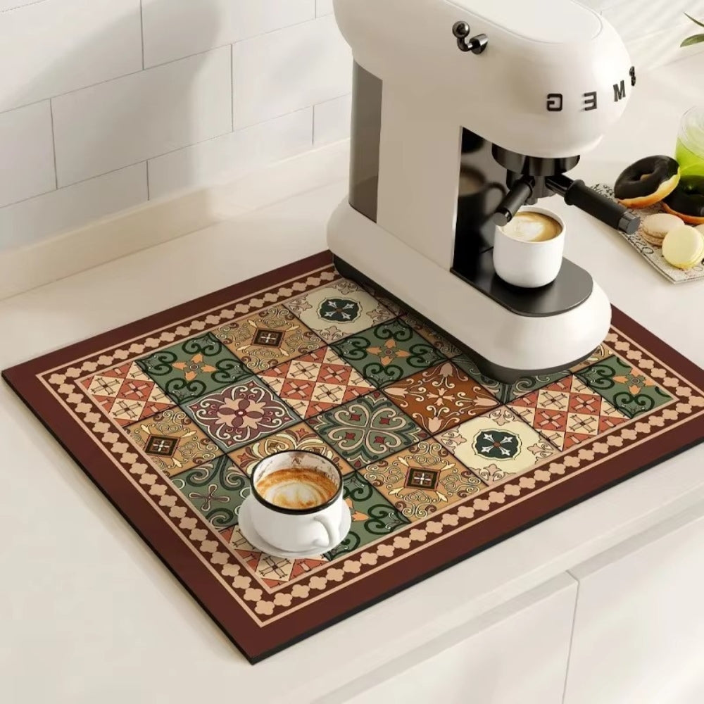 Absorbent coffee mat with retro tile pattern