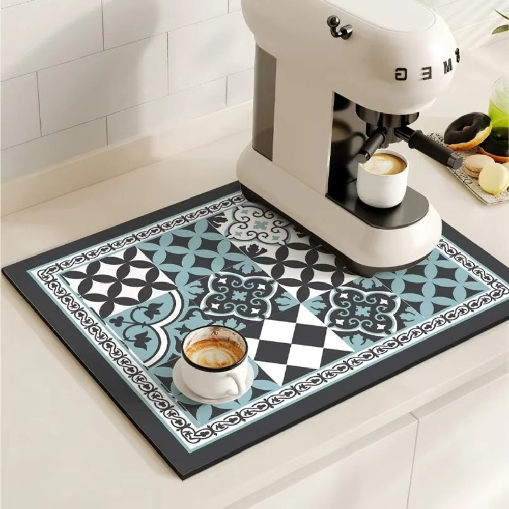 Absorbent coffee mat with retro tile pattern