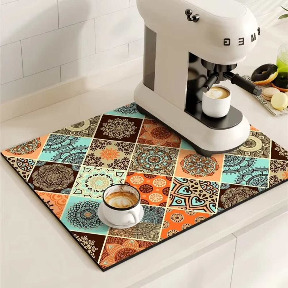 Absorbent coffee mat with retro tile pattern