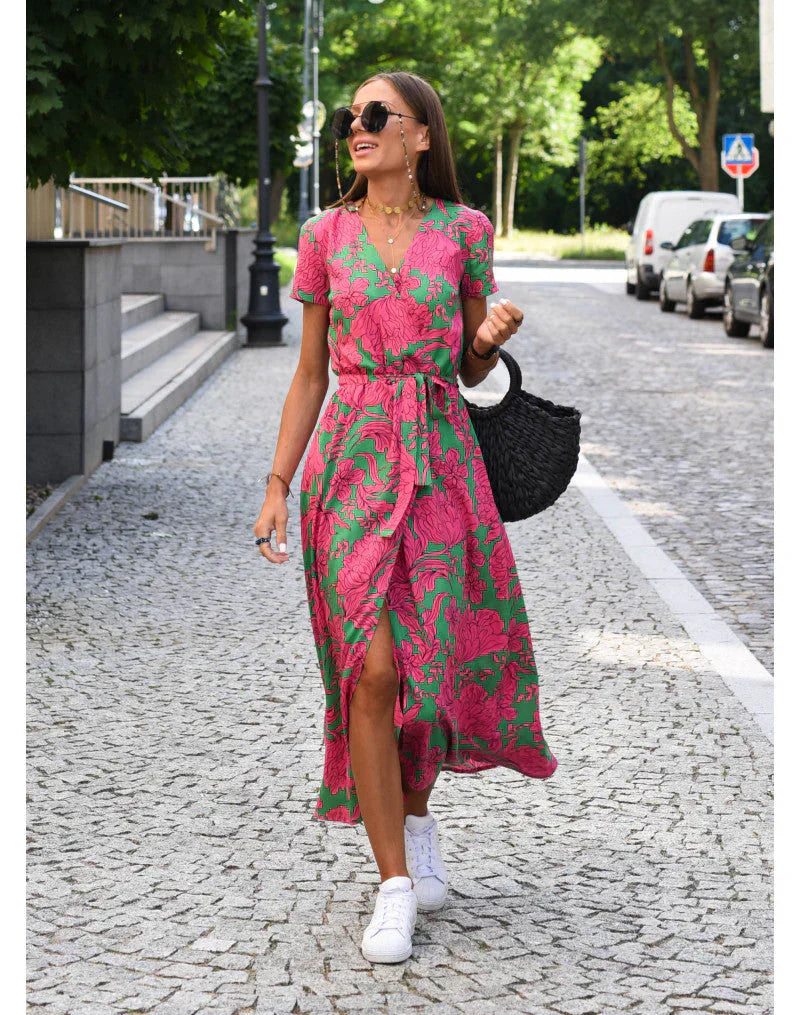 Damska Sukienka Midi Dekolt V Dopasowany Krój Elegancki Styl
