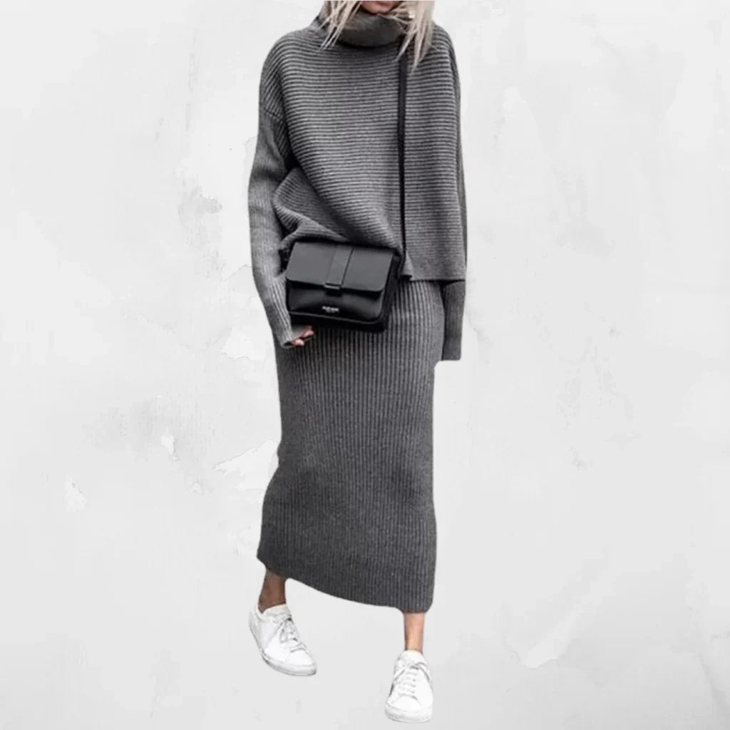 Women's Two-Piece Set Blouse Sweater and Ribbed Skirt
