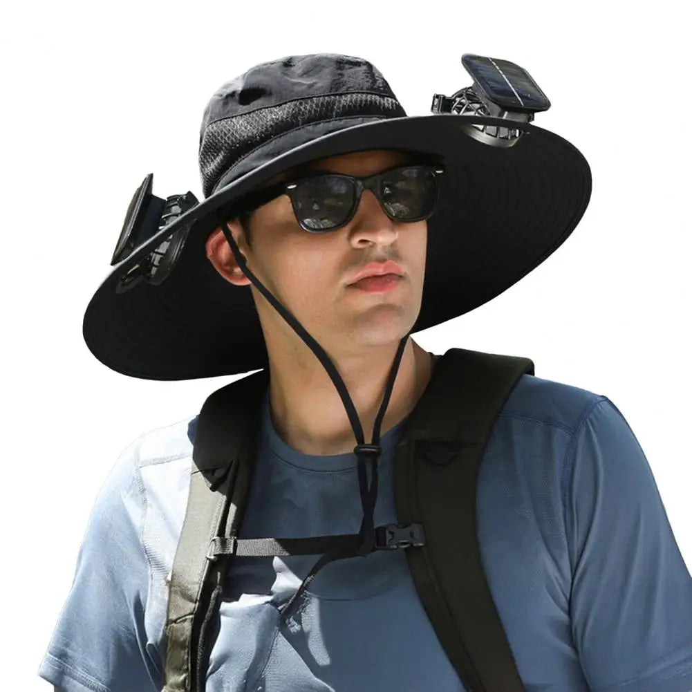 Chapeau solaire à large bord avec deux ventilateurs