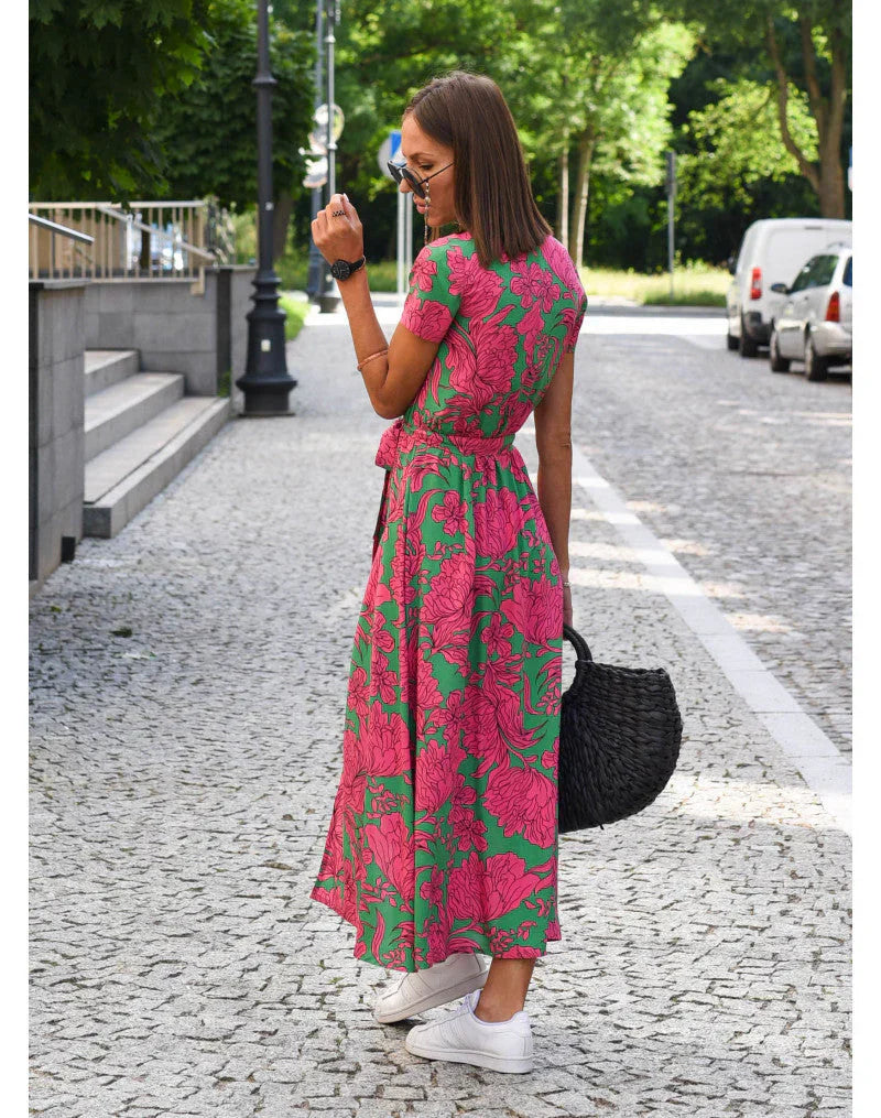 Damska Sukienka Midi Dekolt V Dopasowany Krój Elegancki Styl