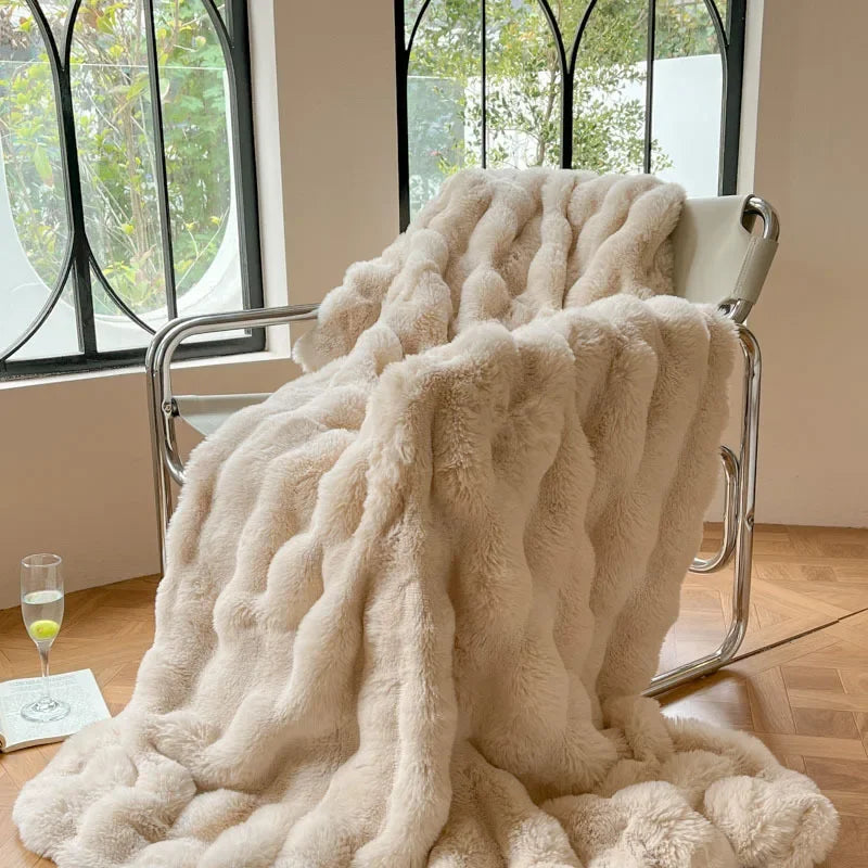 Coperta morbida e accogliente premium in pelliccia di coniglio per soggiorno e camera da letto