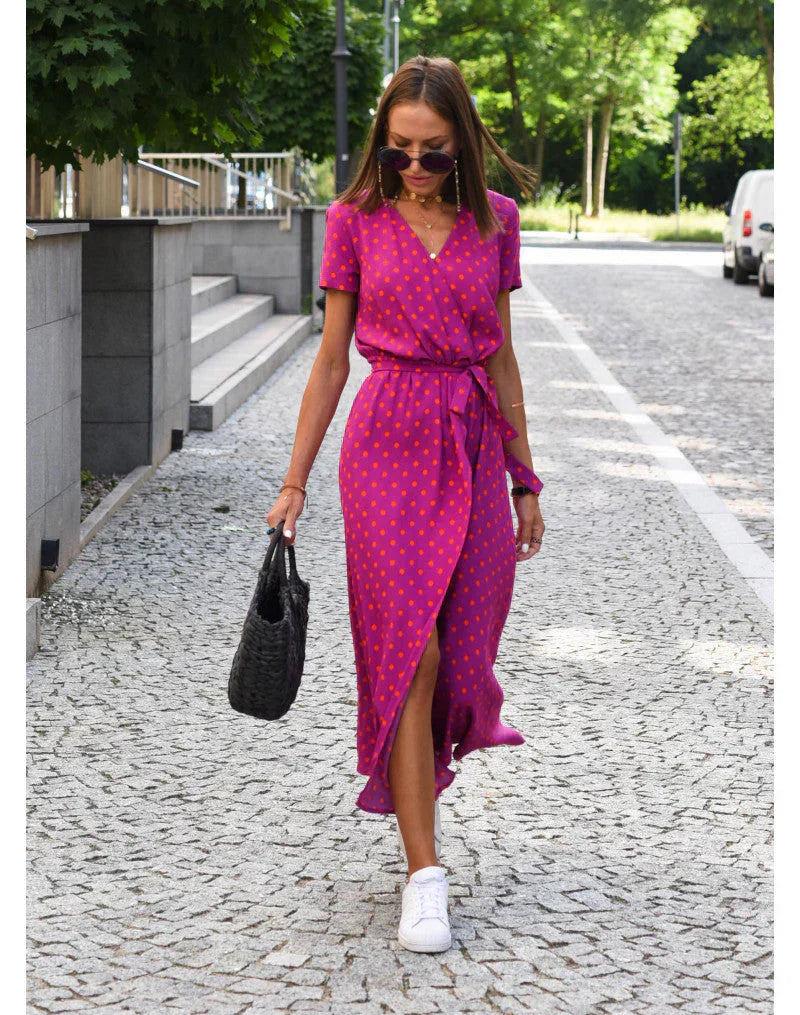 Damska Sukienka Midi Dekolt V Dopasowany Krój Elegancki Styl