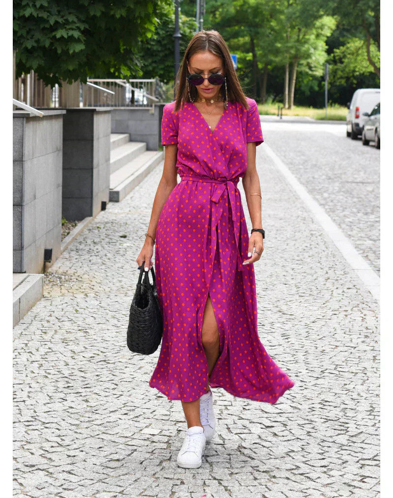 Damska Sukienka Midi Dekolt V Dopasowany Krój Elegancki Styl