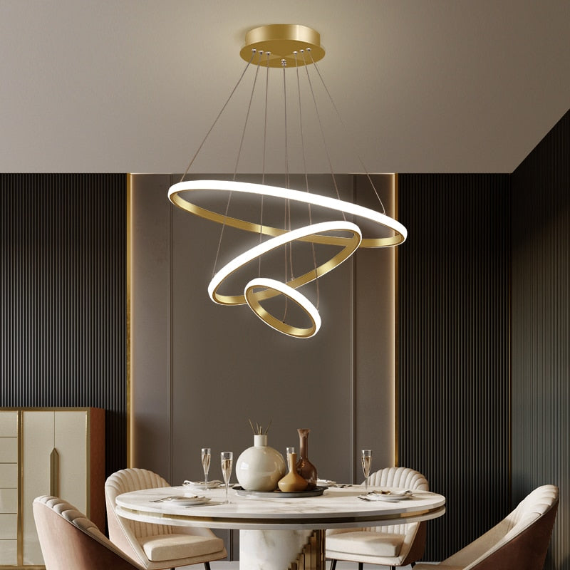 Minimalist LED pendant lamp with floating rings for dining rooms and living rooms
