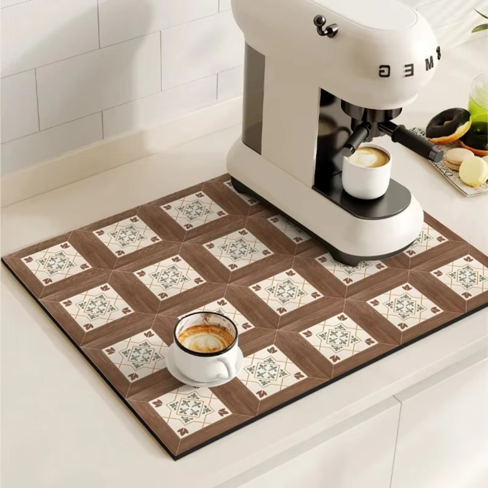 Absorbent coffee mat with retro tile pattern