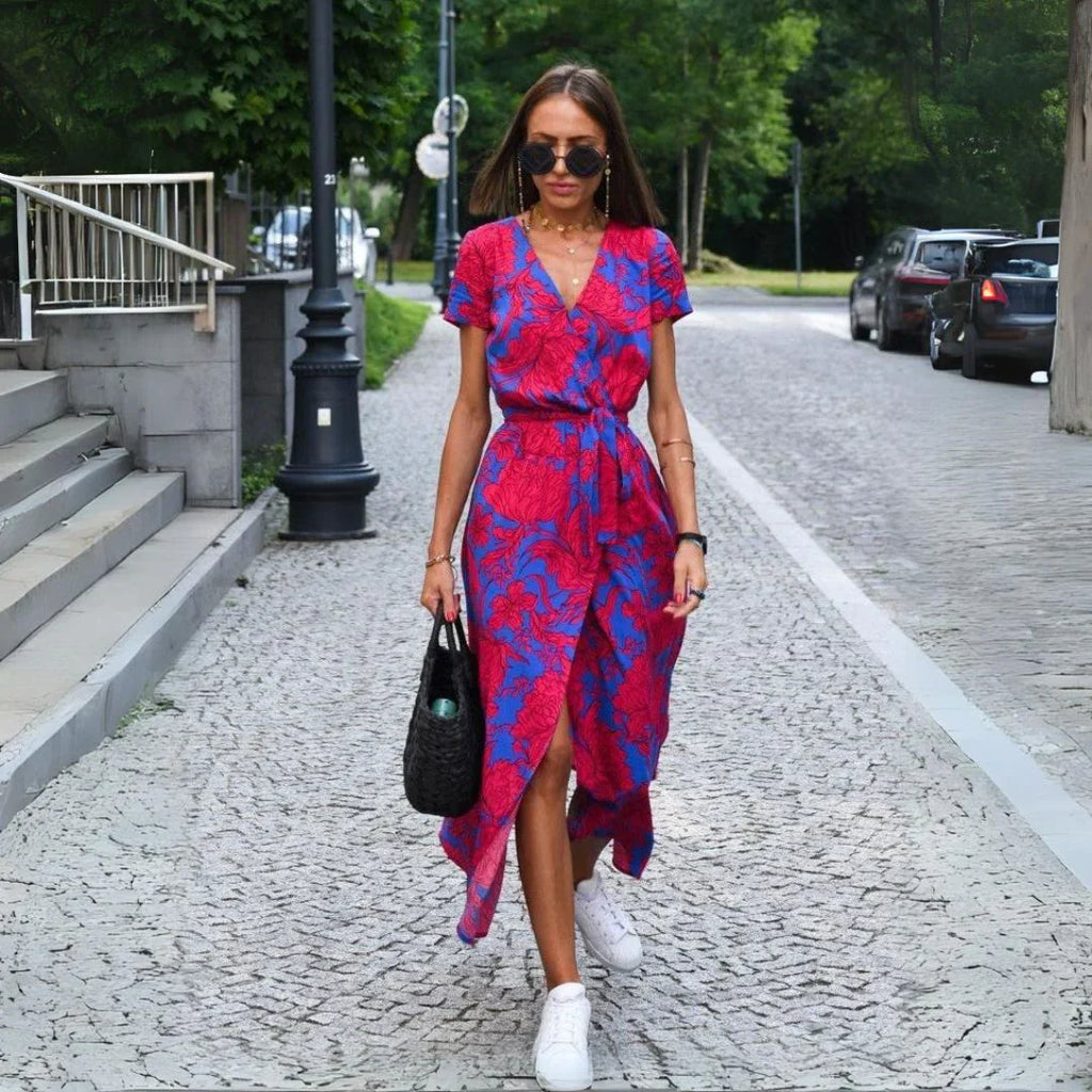 Damska Sukienka Midi Dekolt V Dopasowany Krój Elegancki Styl