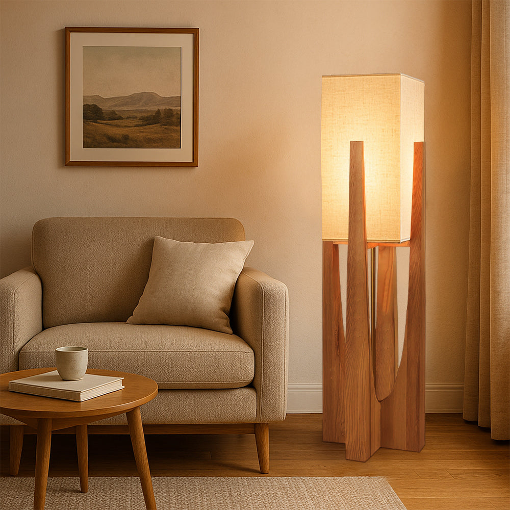 LED-Stehleuchte im japanischen Stil mit Holzstruktur und Rahmen