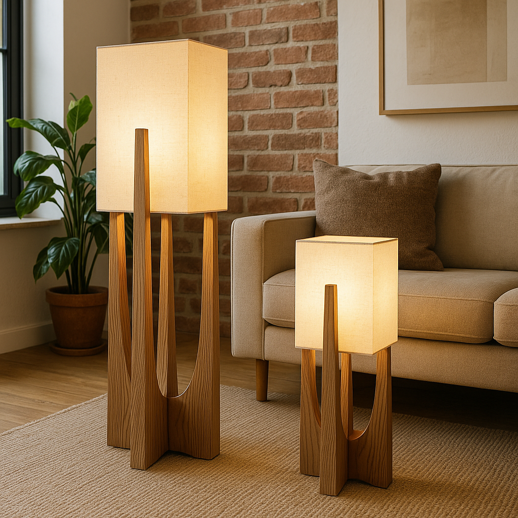 LED-Stehleuchte im japanischen Stil mit Holzstruktur und Rahmen