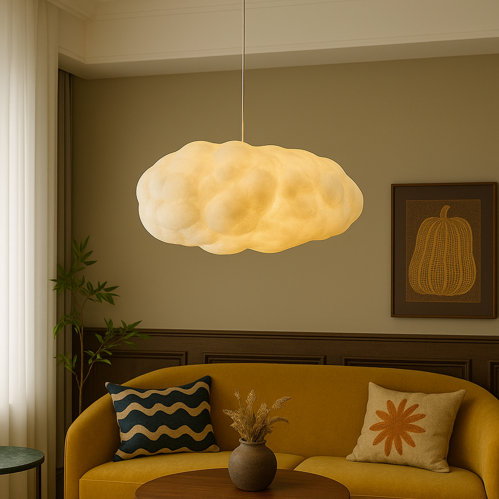 Regulowana lampa sufitowa z kloszem w kształcie chmury i nastrojowym światłem