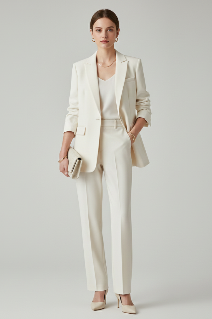 Completo da donna con giacca strutturata e pantaloni dritti
