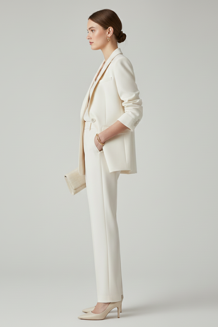 Completo da donna con giacca strutturata e pantaloni dritti
