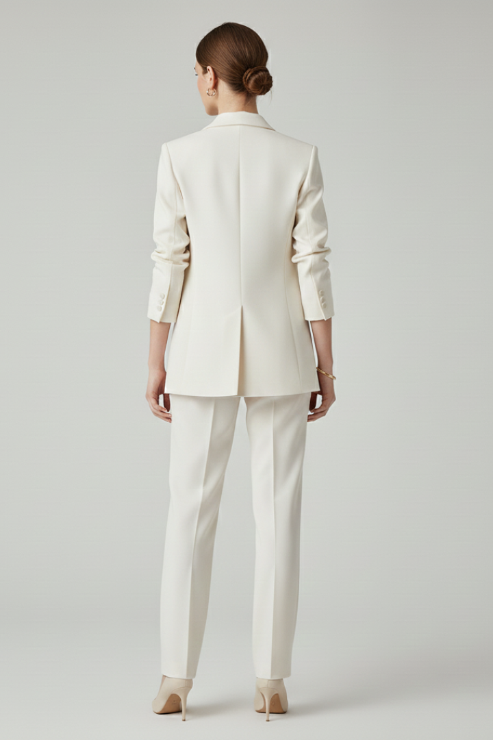 Completo da donna con giacca strutturata e pantaloni dritti