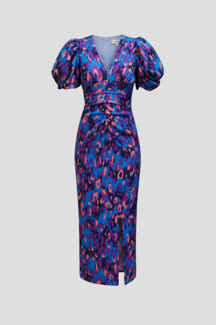 Women's airy midi dress with V-neckline, puff sleeves, and ruched waist, patterned