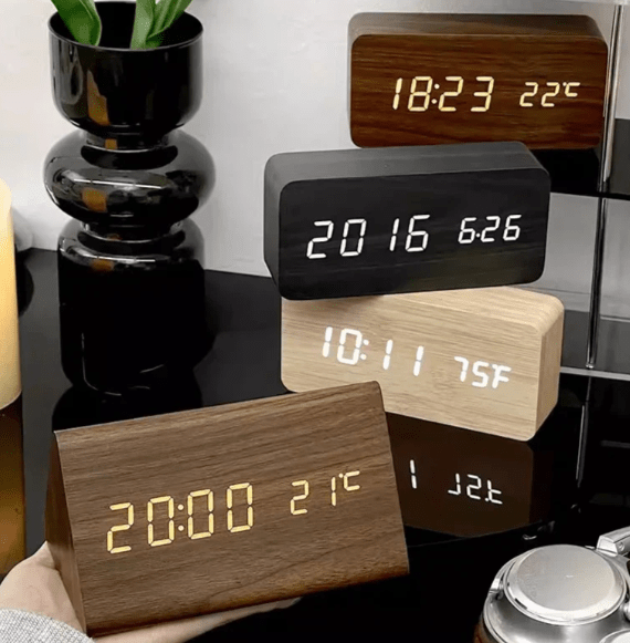 Minimalist wooden LED clock with sound activation for modern homes