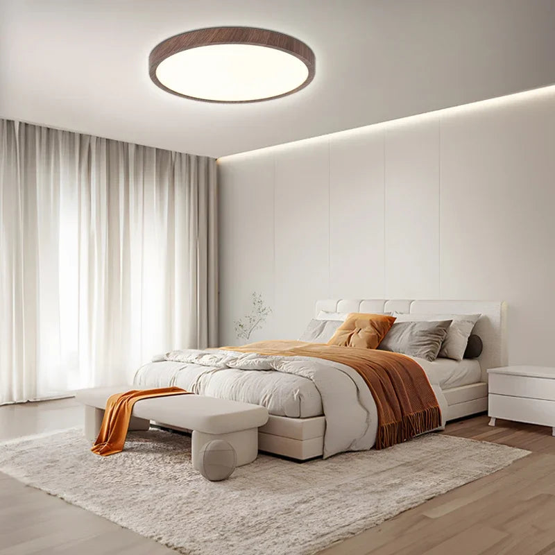 Nowoczesna płaska lampa sufitowa LED z drewnianą ramą w stylu Japandi