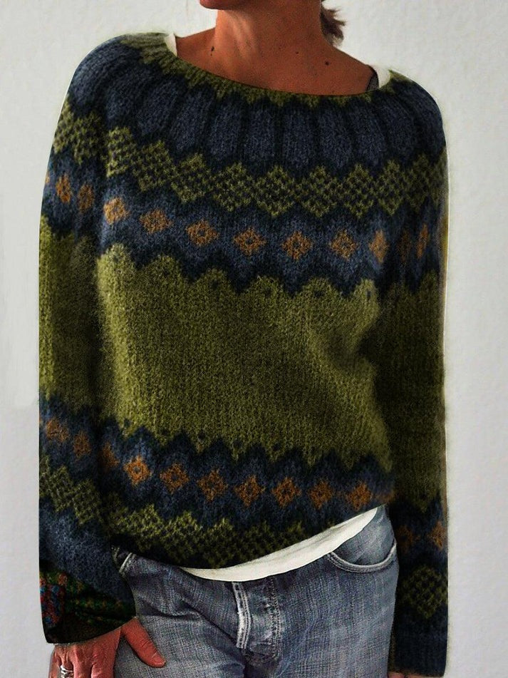 Pull islandais pour femme à motif nordique, coupe ample et col rond