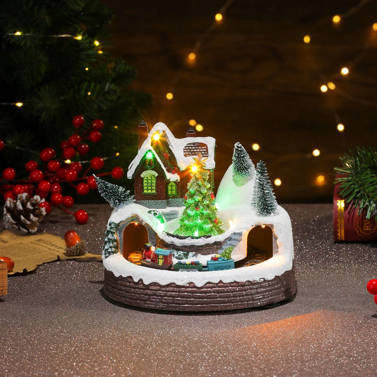 Animated Christmas Village with Lights Train and Miniature Figurines Tabletop Decoration - Image 25