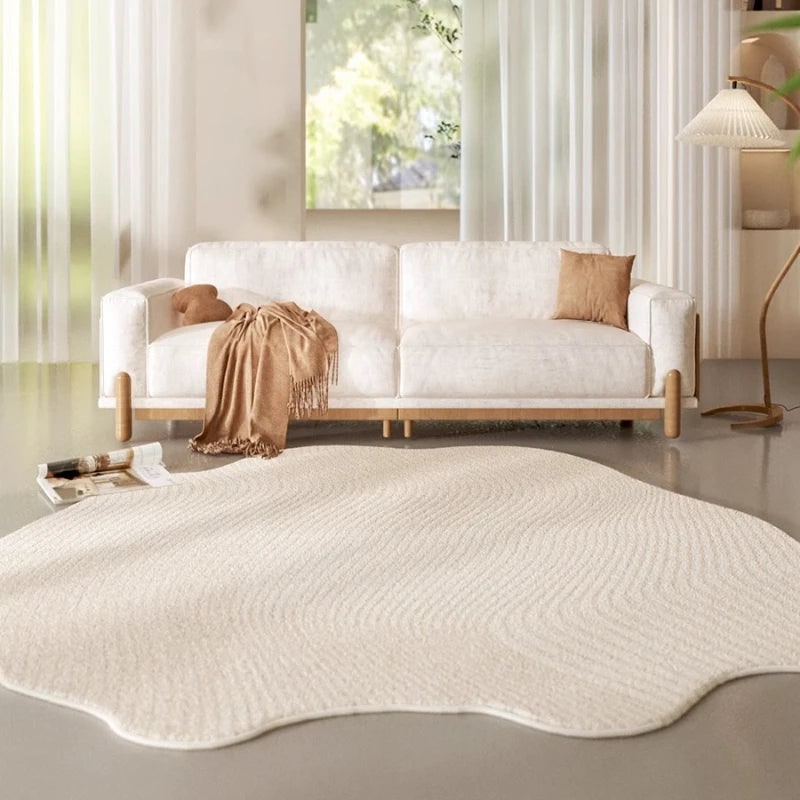 Area Rug with Irregular Shape and Textured Geometric Pattern in Plush Cream - Image 1