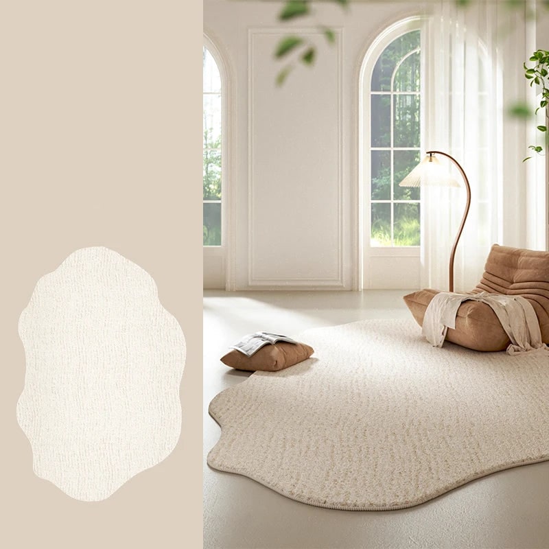 Area Rug with Irregular Shape and Textured Geometric Pattern in Plush Cream - Image 11