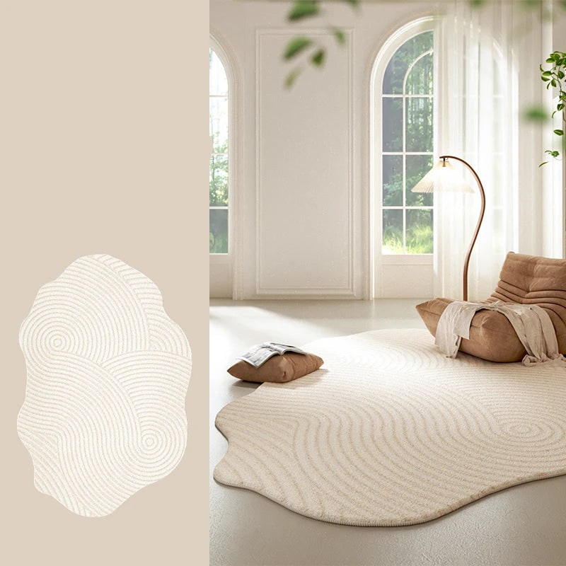 Area Rug with Irregular Shape and Textured Geometric Pattern in Plush Cream - Image 14