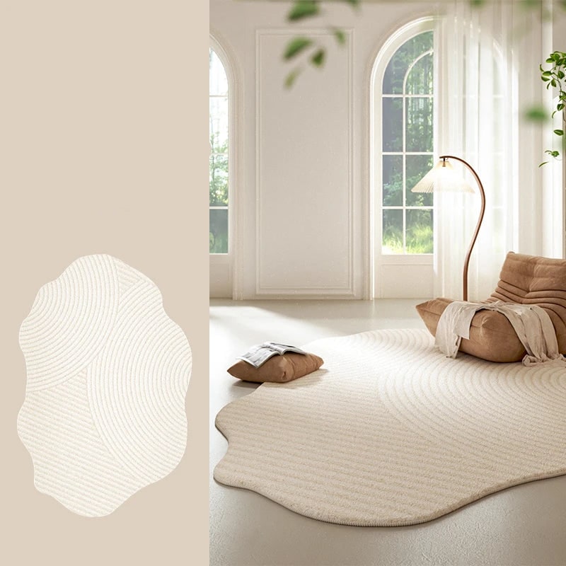 Area Rug with Irregular Shape and Textured Geometric Pattern in Plush Cream - Image 17