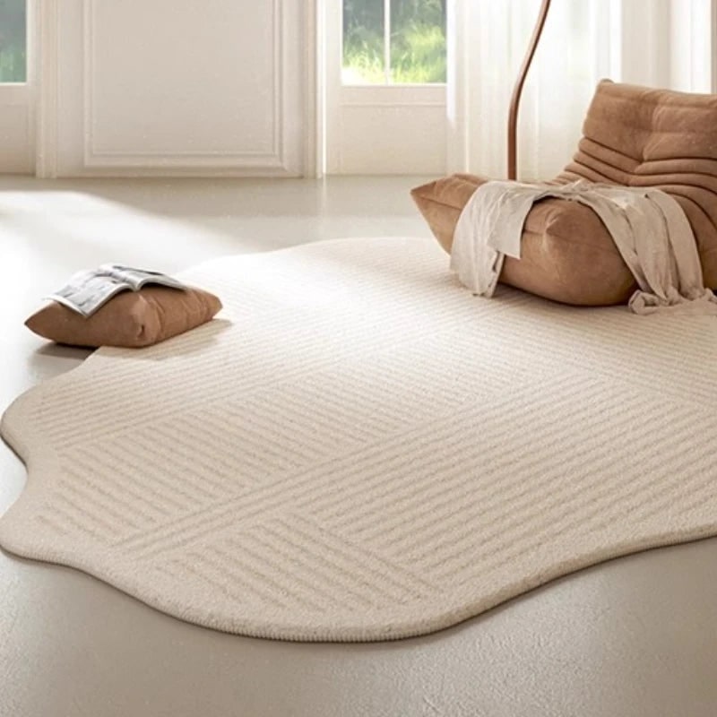 Area Rug with Irregular Shape and Textured Geometric Pattern in Plush Cream - Image 2