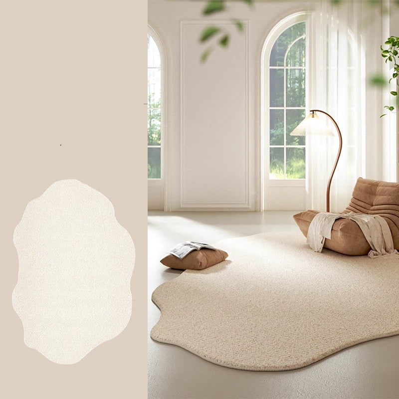 Area Rug with Irregular Shape and Textured Geometric Pattern in Plush Cream - Image 4