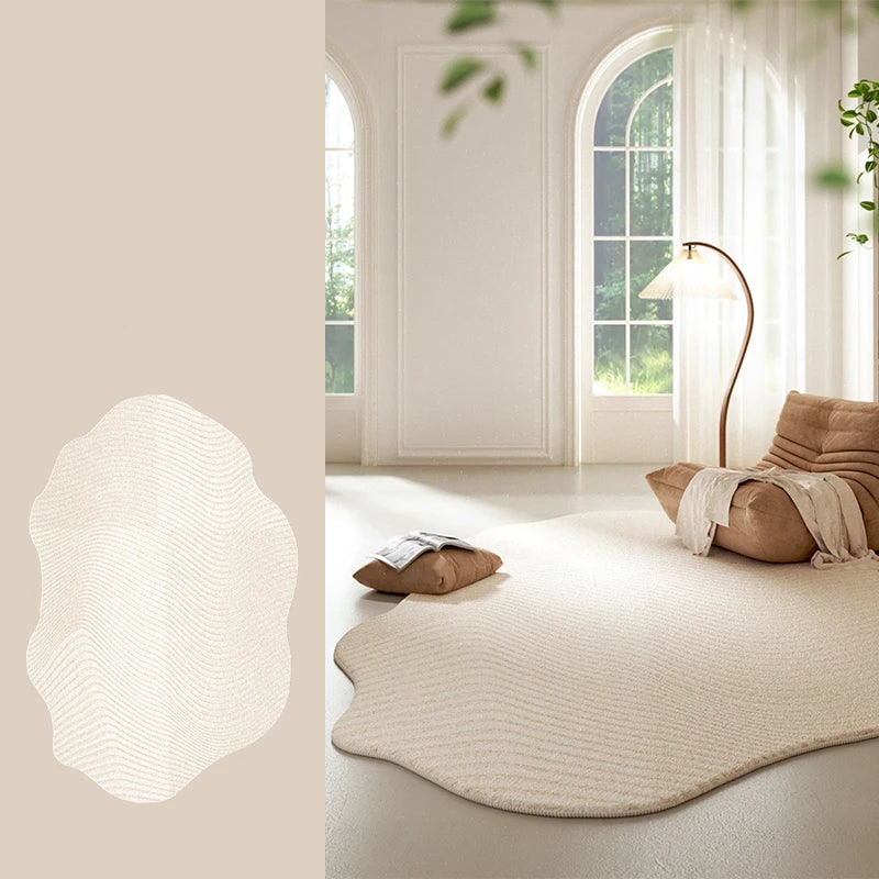Area Rug with Irregular Shape and Textured Geometric Pattern in Plush Cream - Image 6