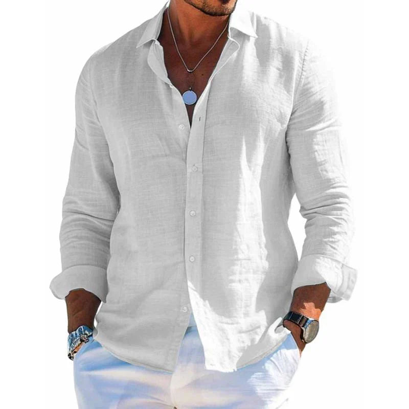 Camicia casual da uomo manica lunga taglio ampio colletto tinta unita