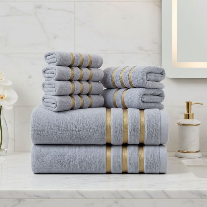 Bath Towel Set with Terry Cloth Gold Stripes and Plush Absorbent 8-Piece Bathroom - Image 1