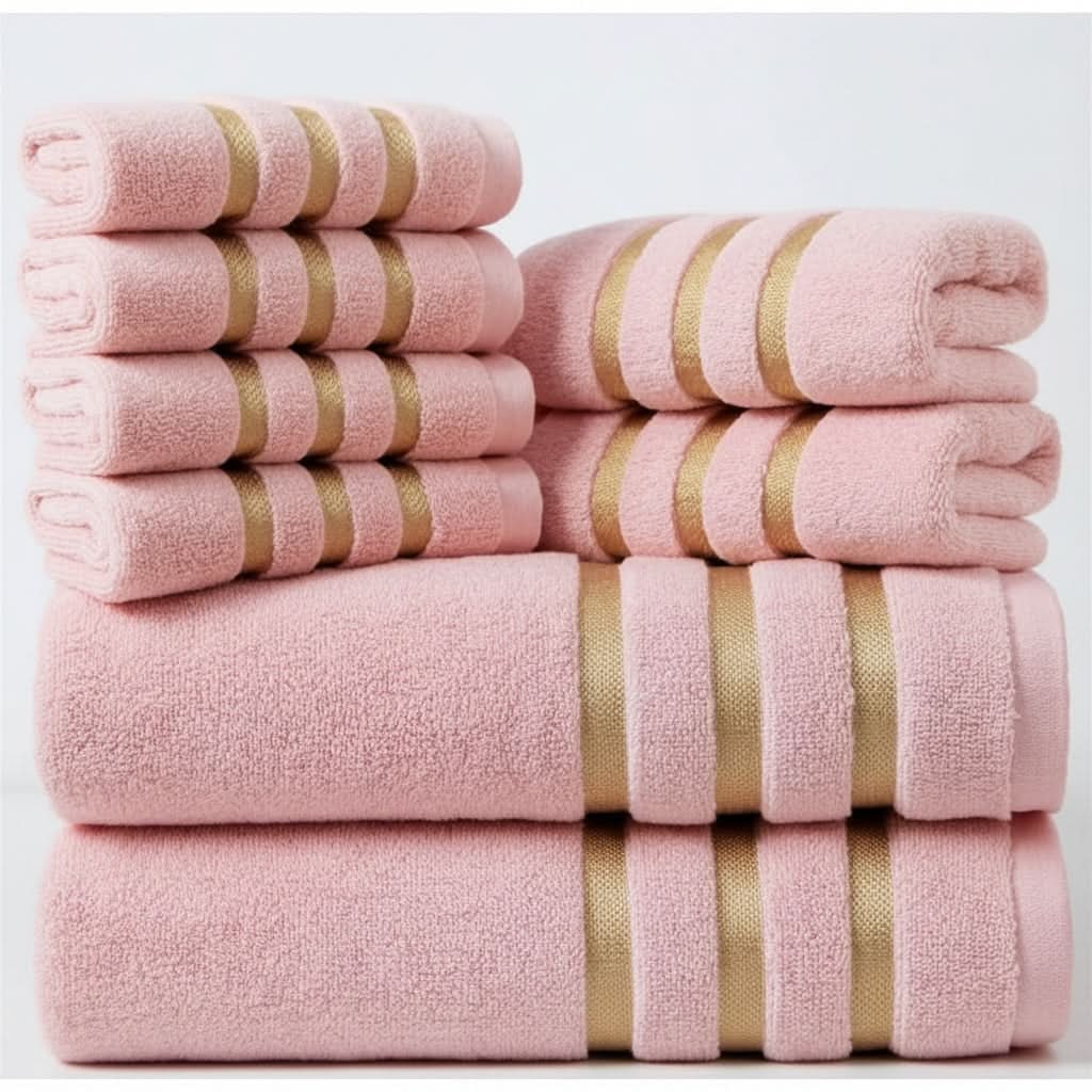 Bath Towel Set with Terry Cloth Gold Stripes and Plush Absorbent 8-Piece Bathroom - Image 5