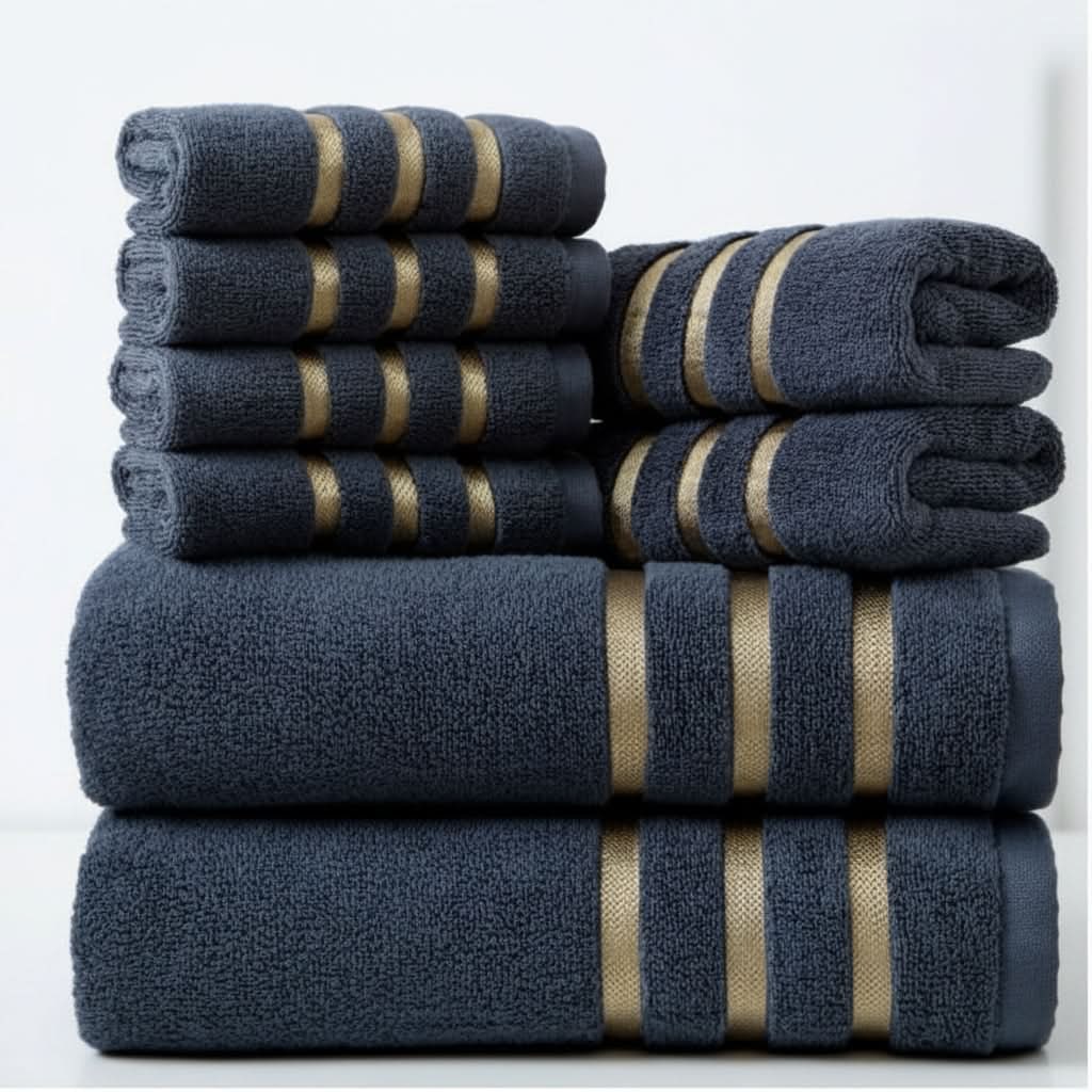 Bath Towel Set with Terry Cloth Gold Stripes and Plush Absorbent 8-Piece Bathroom - Image 6