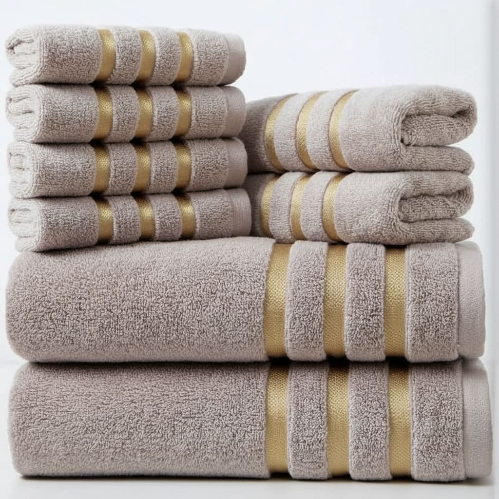 Bath Towel Set with Terry Cloth Gold Stripes and Plush Absorbent 8-Piece Bathroom - Image 8
