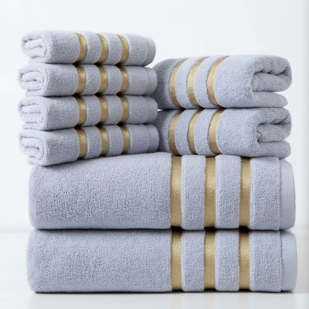 Bath Towel Set with Terry Cloth Gold Stripes and Plush Absorbent 8-Piece Bathroom - Image 9