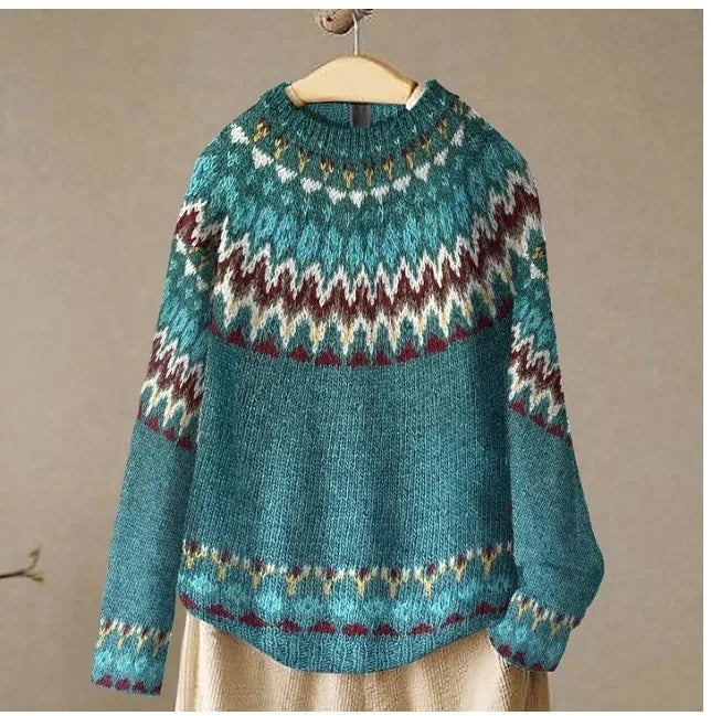 Pull islandais pour femme à motif nordique, coupe ample et col rond