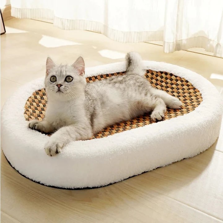 Cat Scratcher Bed with Plush Bolster and Woven Scratch Pad Oval Low-Profile Design - Image 1